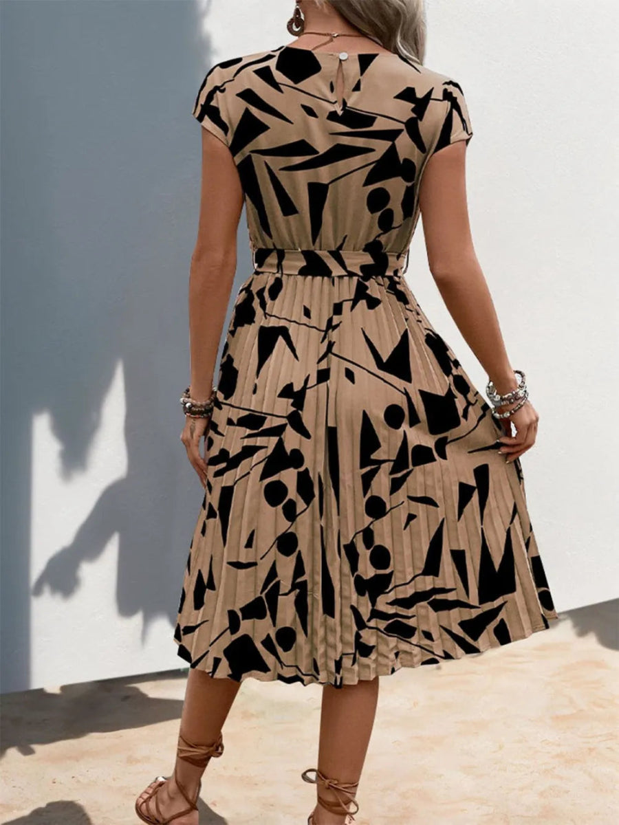 Perfee Tied Pleated Printed Cap Sleeve Dress for Women - Love Salve